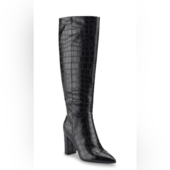 Marc Fisher Groovey black croc embossed‎ pointy toe knee high stacked heel boots - Picture 1 of 1